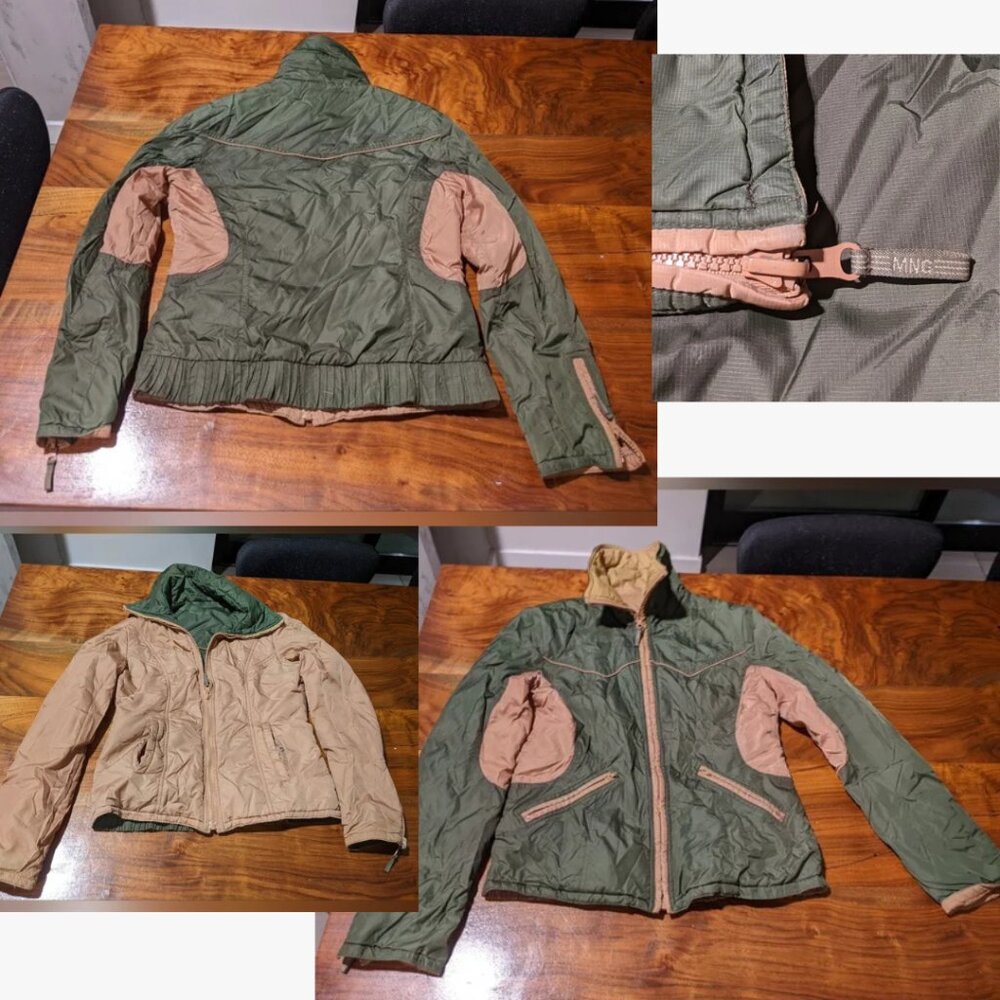 Mng - Mango Equestrian Style Reversible Jacket | Green & Tan Colorblock | Medium